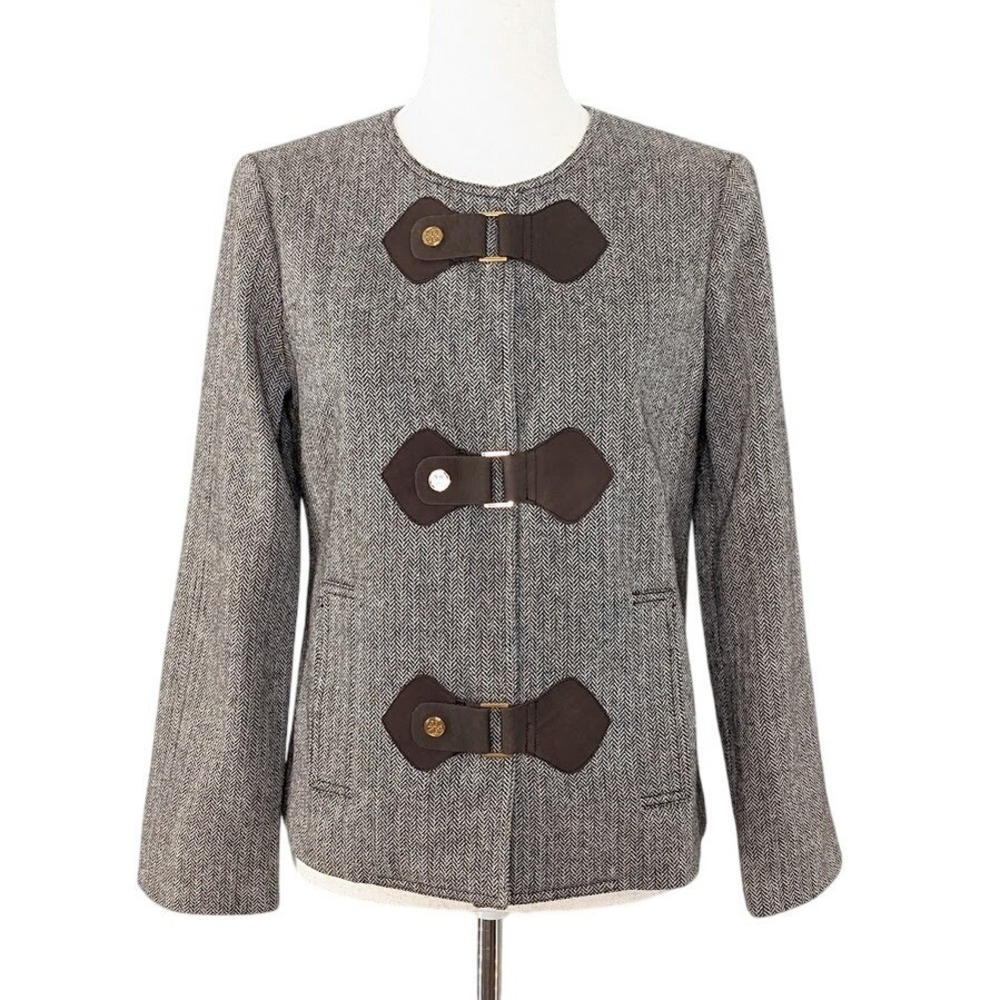 Tory Burch Wool Herringbone Jacket Size 6 Brown Leather Snap Equestrian‎ Luxury